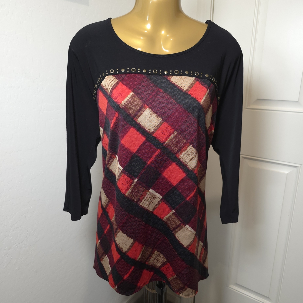 New Directions Womens Black Plaid Blouse Size 0X Shark Bite Grommets Art To Wear